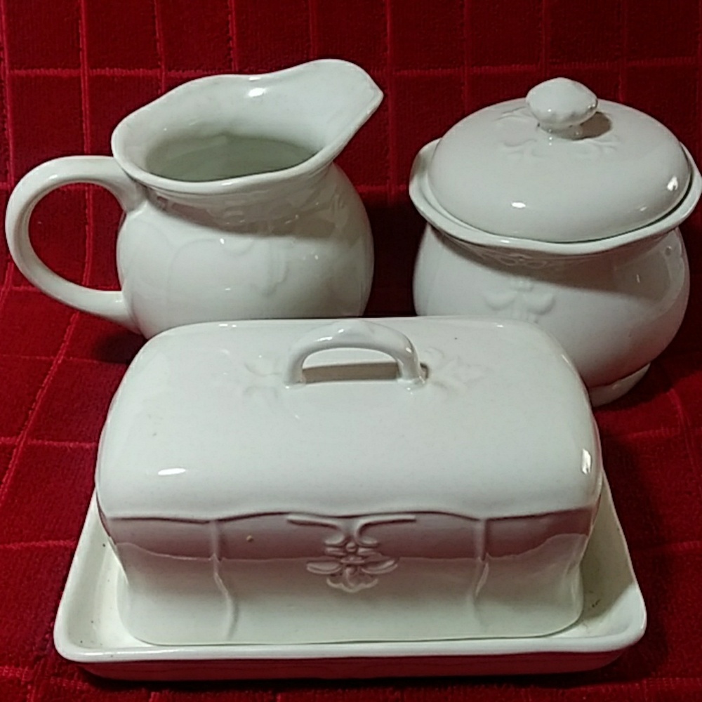 Versailles 1/4 pound butter dish, creamer and suga